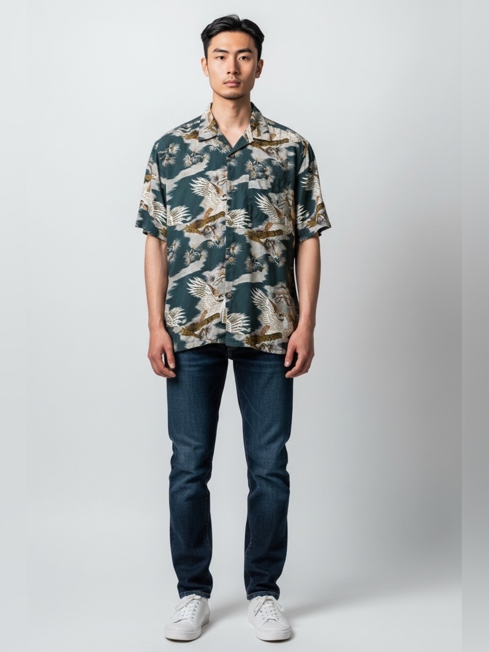 Cache Short-Sleeve Button-Up Shirt - Teal/ Cream/Brown Bird Print-Size Medium